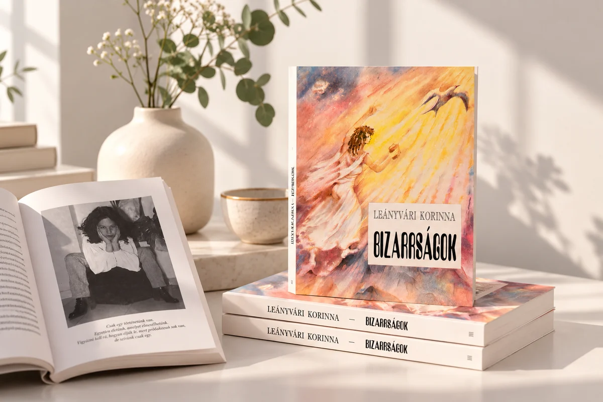 Copies of Bizarrságok by Leányvári Korinna, one open at a black-and-white photo of the young author