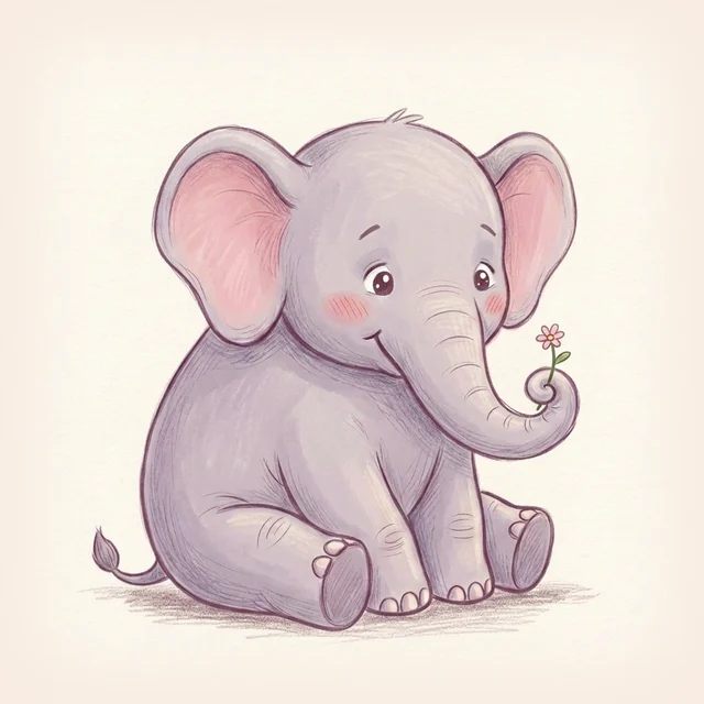 Bo: a gentle grey elephant holding a tiny flower in his trunk