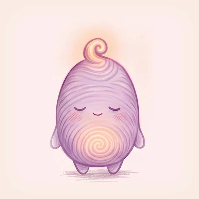 Dream Keeper: a softly glowing lavender creature with a golden swirl on its tummy and a curl on top