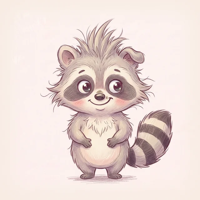 Tizzy: a scruffy little raccoon with a striped tail and a cheeky grin