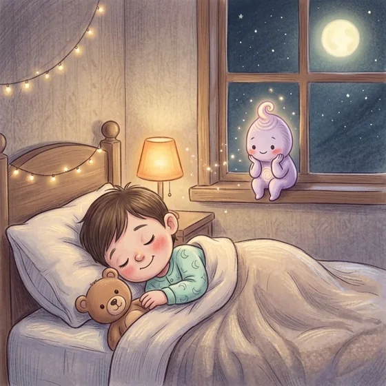 A child asleep in bed while the glowing Dream Keeper watches over him from the window